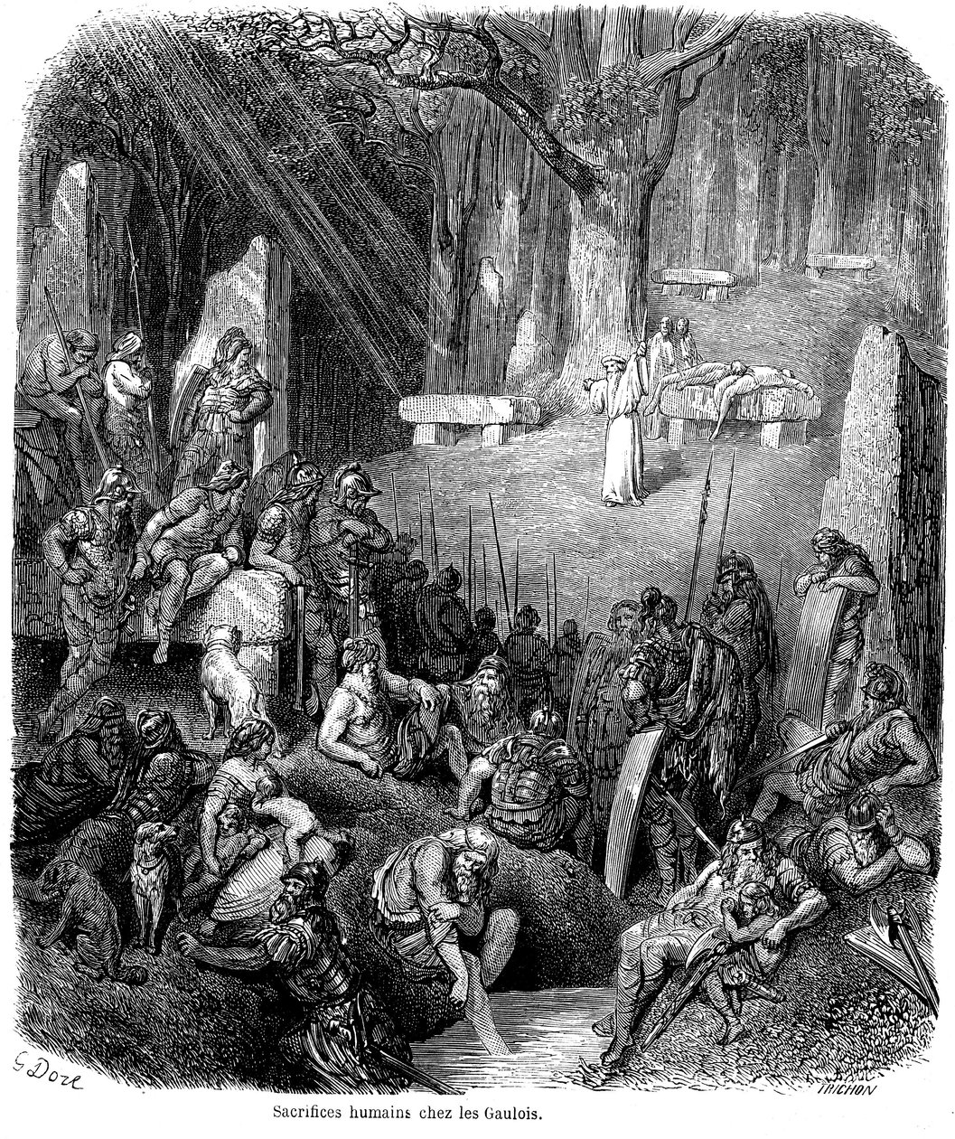 Menneskeofringer blandt gallerne - druider, dolmen, menhir - gravering af Gustave Dore i "L