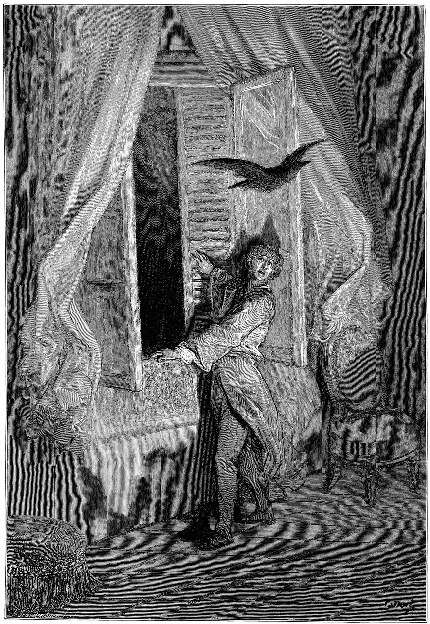 Illustration af Gustave Dore (1832-1883) til Edgar Allan Poes novelle "Ravnen" (The Raven). Denne serie blev færdiggjort af Dore i 1883, året for hans død, og er derfor et af hans seneste værker. af Gustave Dore