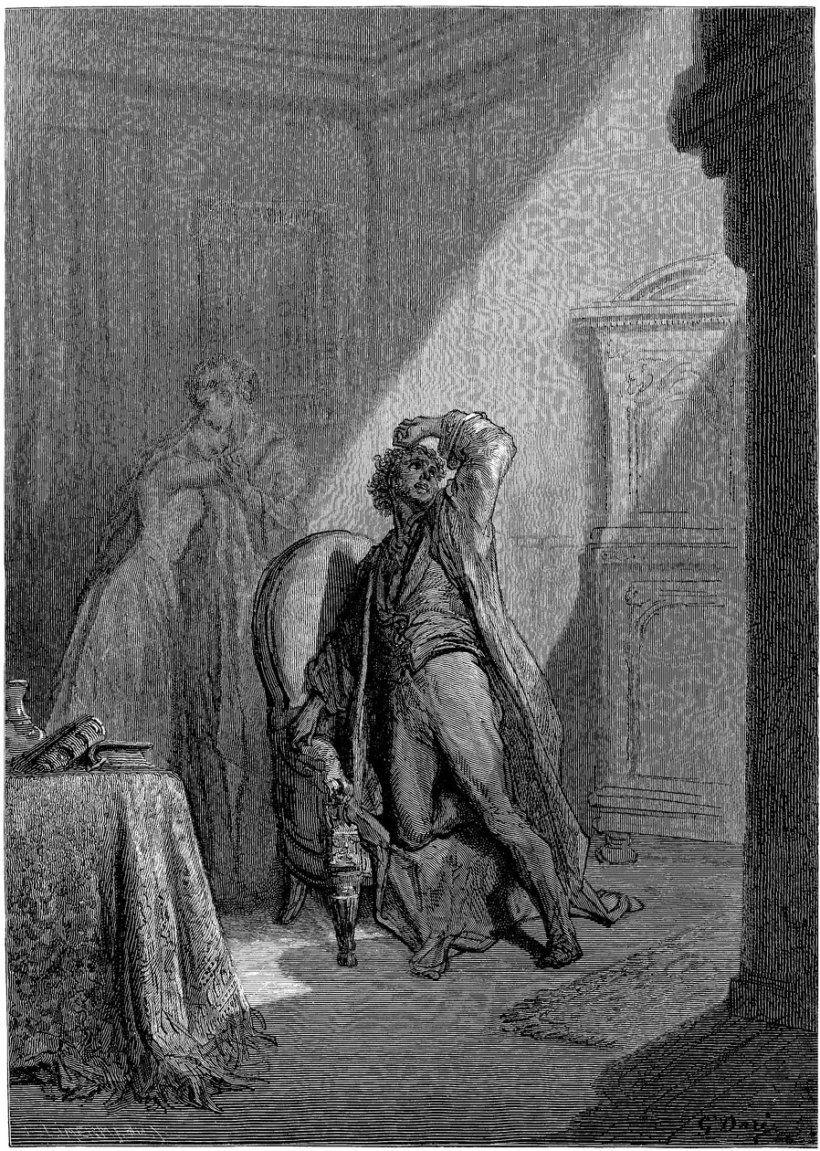 Illustration af Gustave Dore (1832-1883) til Edgar Allan Poes novelle "Ravnen" (The Raven). Denne serie blev færdiggjort af Dore i 1883, året for hans død, og er derfor et af hans seneste værker. af Gustave Dore
