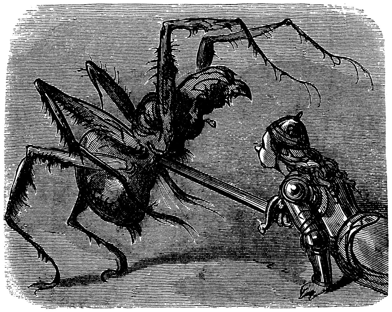Illustration af Gustave Dore (1832-1883) til Ernest Lepines bog "La legende de Croquemitaine" (1863) - Foran dette billede af kamp med sværdet mod en gigantisk araignee kan man ikke lade være med at tænke på kampen mellem Frodo og Aragne i Tolkien