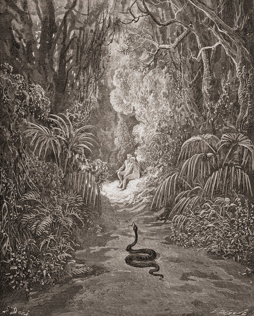 Illustration af Gustave Dore 1832-1883 Fransk kunstner og illustrator til Paradise Lost af John Milton Bog IX linje 434 og 435 af Gustave Dore