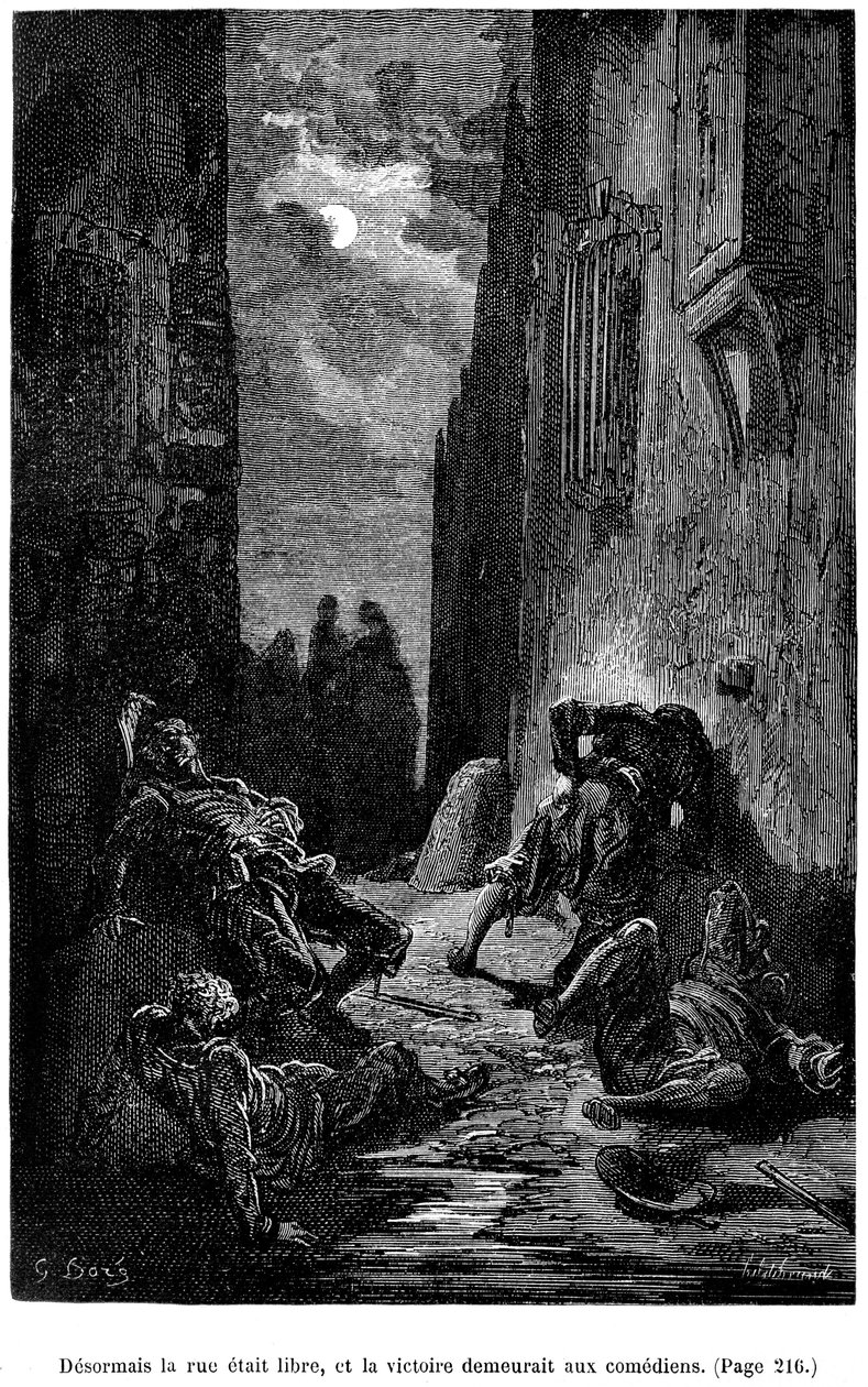 Illustration af Gustave Dore til Theophile Gautiers roman "Le Capitaine Fracasse" - Edition Charpentier 1883, praktisk talt identisk med den første udgave illustreret af G. Dore på samme forlag i 1866. Kapitel "Sværd, slag og andre eventyr af Gustave Dore