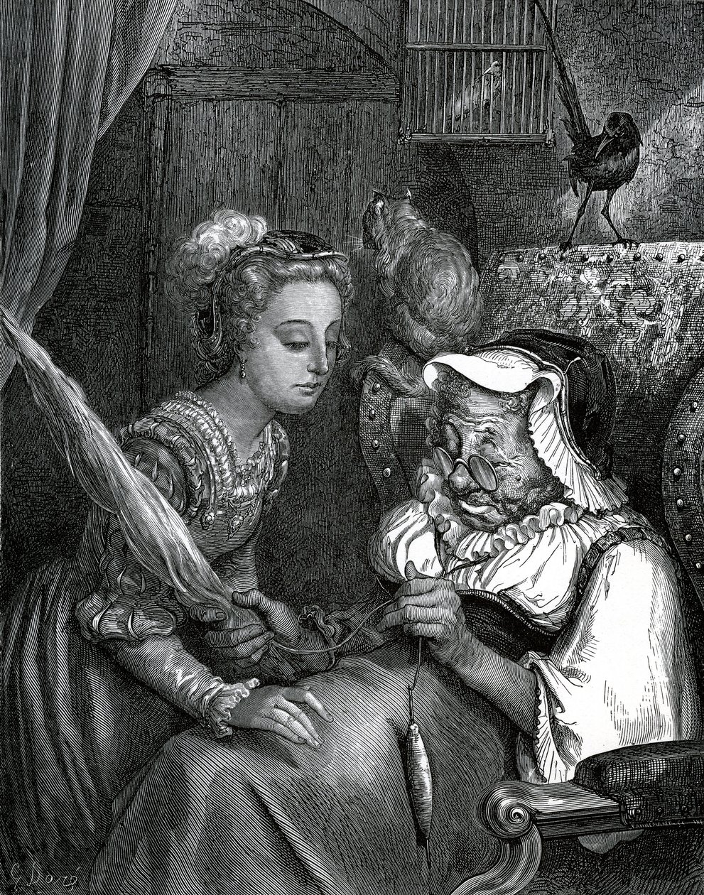 Illustration af Gustave Dore til en fortælling af Charles Perrault: Tornerose. Prinsessen vil stikke sig på en gammel kvindes kattehale, der løber væk i spindet. af Gustave Dore