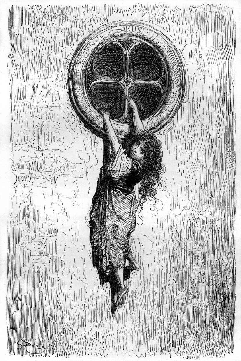Illustration af Gustave Dore til romanen "Le Capitaine Fracasse" af Theophile Gautier (1811-1872). Den unge Chiquita, der er smidig som en kat og tynd som en slange, går gennem et vindue for at slutte sig til den fængslede Isabelle. af Gustave Dore