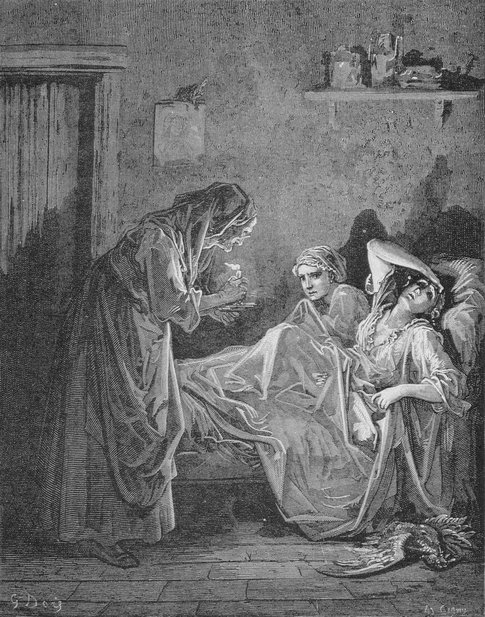 Illustration til Den gamle kvinde og de to tjenere, fra 