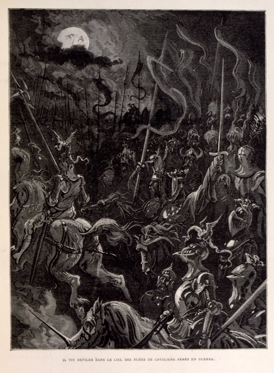 Illustration af riddere i kamp under en måneskinnet aften. af Gustave Dore