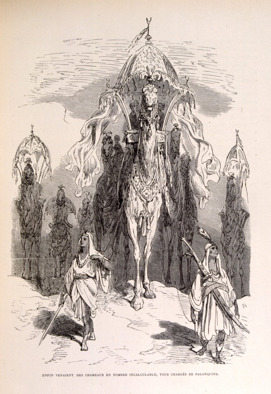 Illustration af et orientalsk kameltog med tjenere og vogn. af Gustave Dore