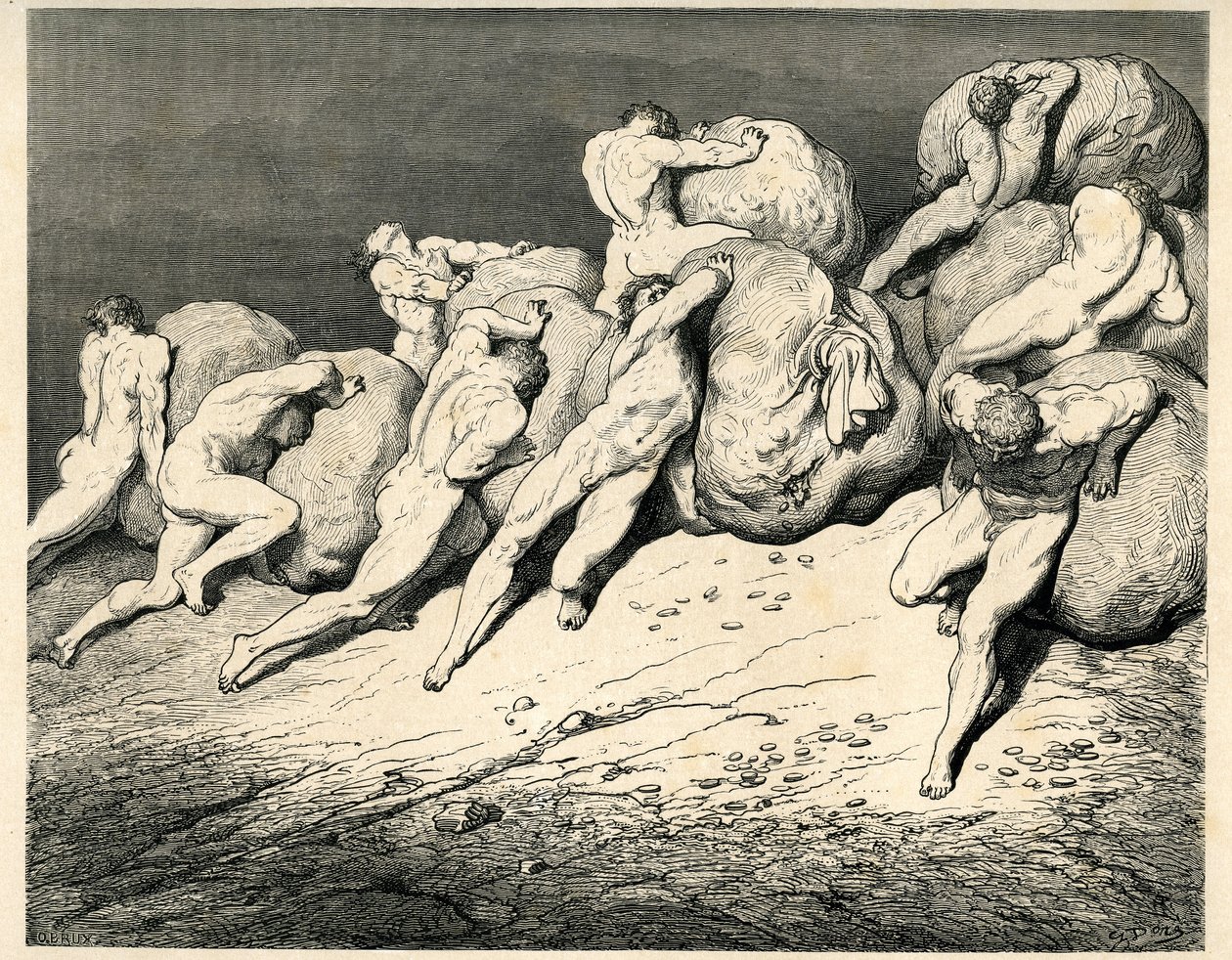 I Helvedes fjerde cirkel, hvor Pluto (Hades) hersker, bærer og ruller Avares og Prodigans tunge byrder (sten) og kolliderer med vrede. Stik fra Helvede af Dante Alighieri (Den guddommelige komedie) illustreret af Gustave Dore. Fransk e af Gustave Dore
