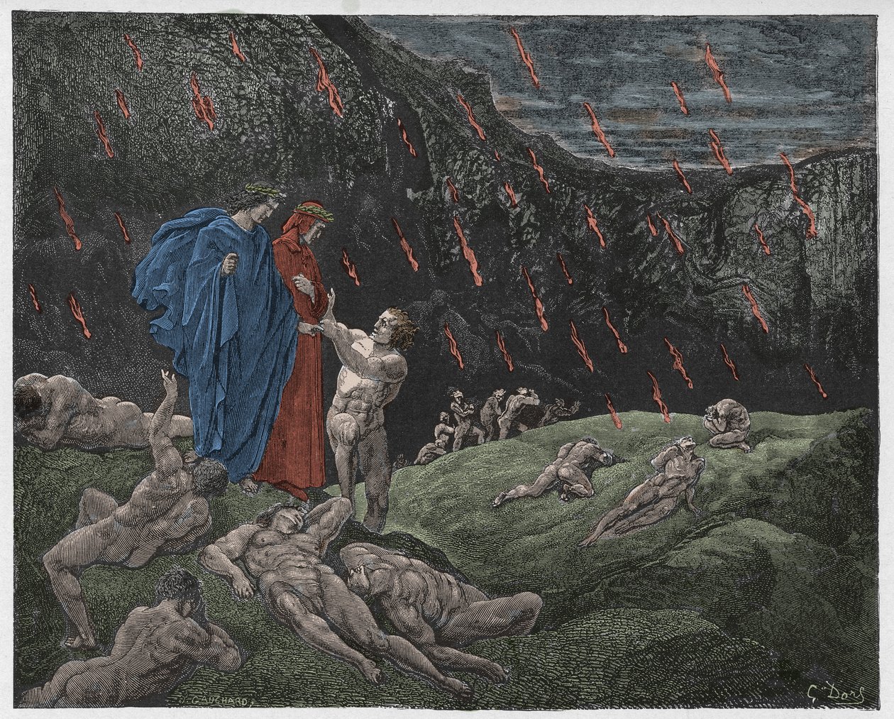Inferno, Canto 15: Brunetto Latini accosts Dante, illustration fra "The Divine Comedy" af Dante Alighieri, 1885 af Gustave Dore