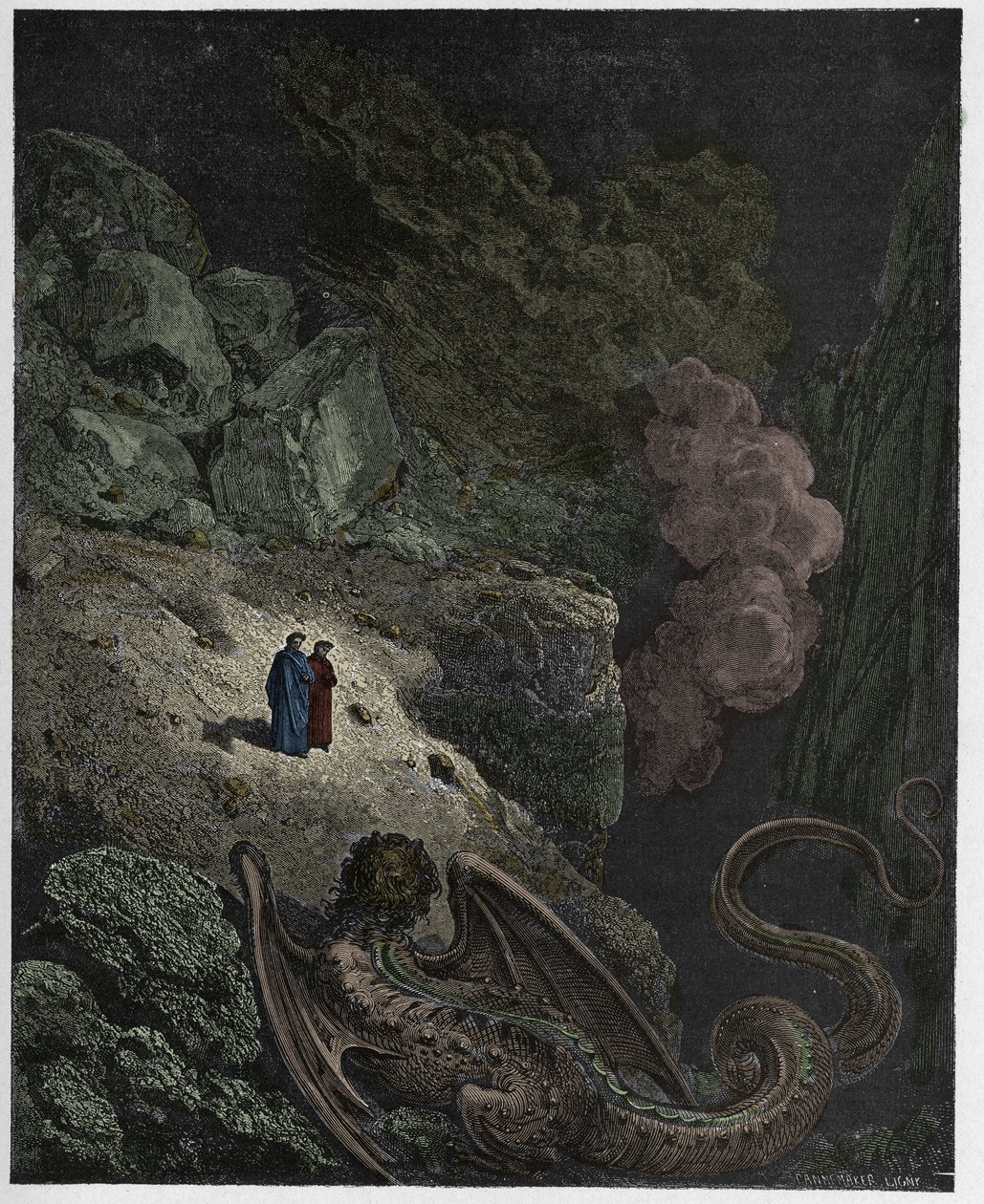 Inferno, Canto 17: Geryon, symbol på bedrag, illustration fra "Den guddommelige komedie" af Dante Alighieri, 1885 af Gustave Dore