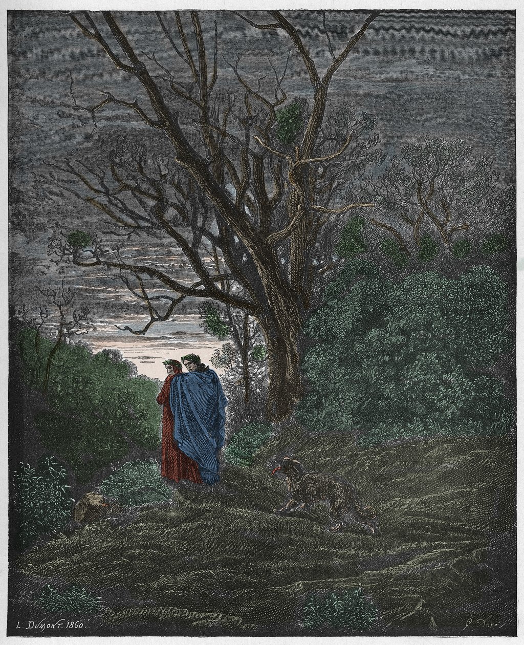 Inferno, Canto 1: Hun-ulven dukker op, illustration fra "Den guddommelige komedie" af Dante Alighieri, 1885 af Gustave Dore