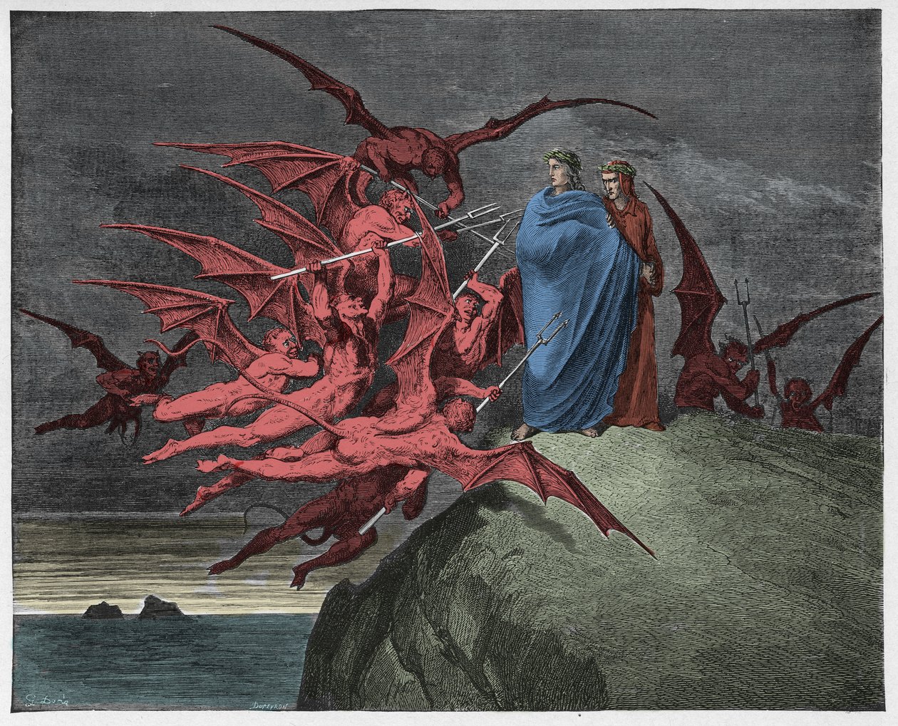Inferno, Canto 21: Dæmonerne truer Virgil, illustration fra "Den guddommelige komedie" af Dante Alighieri, 1885 af Gustave Dore