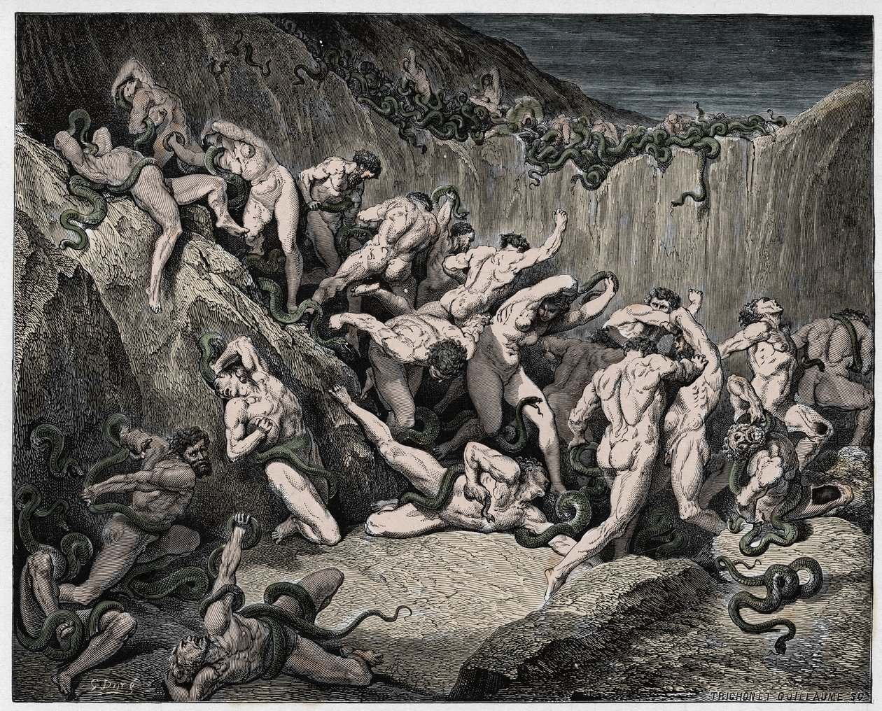 Inferno, Canto 24: Tyvene plaget af slanger, illustration fra "Den guddommelige komedie" af Dante Alighieri, 1885 af Gustave Dore