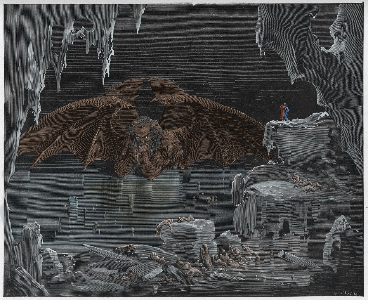 Inferno, Canto 34: Lucifer, konge af helvede, frosset i isen, illustration fra "Den guddommelige komedie" af Dante Alighieri, 1885 af Gustave Dore