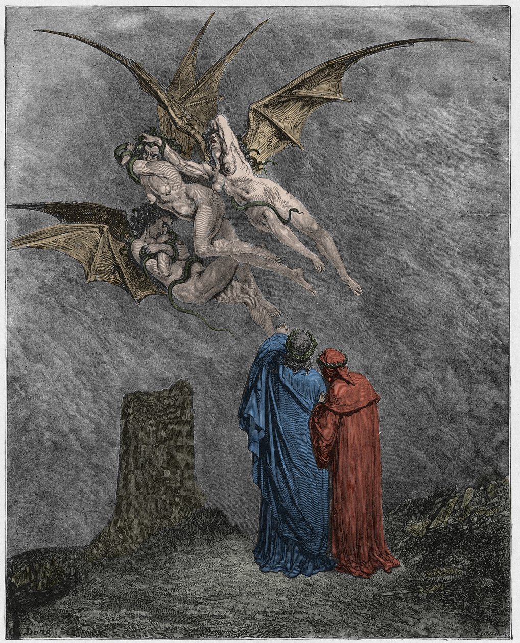 Inferno, Canto 9: De hæslige Erinyes: Megaera, Tisiphone, Alecto af Gustave Dore