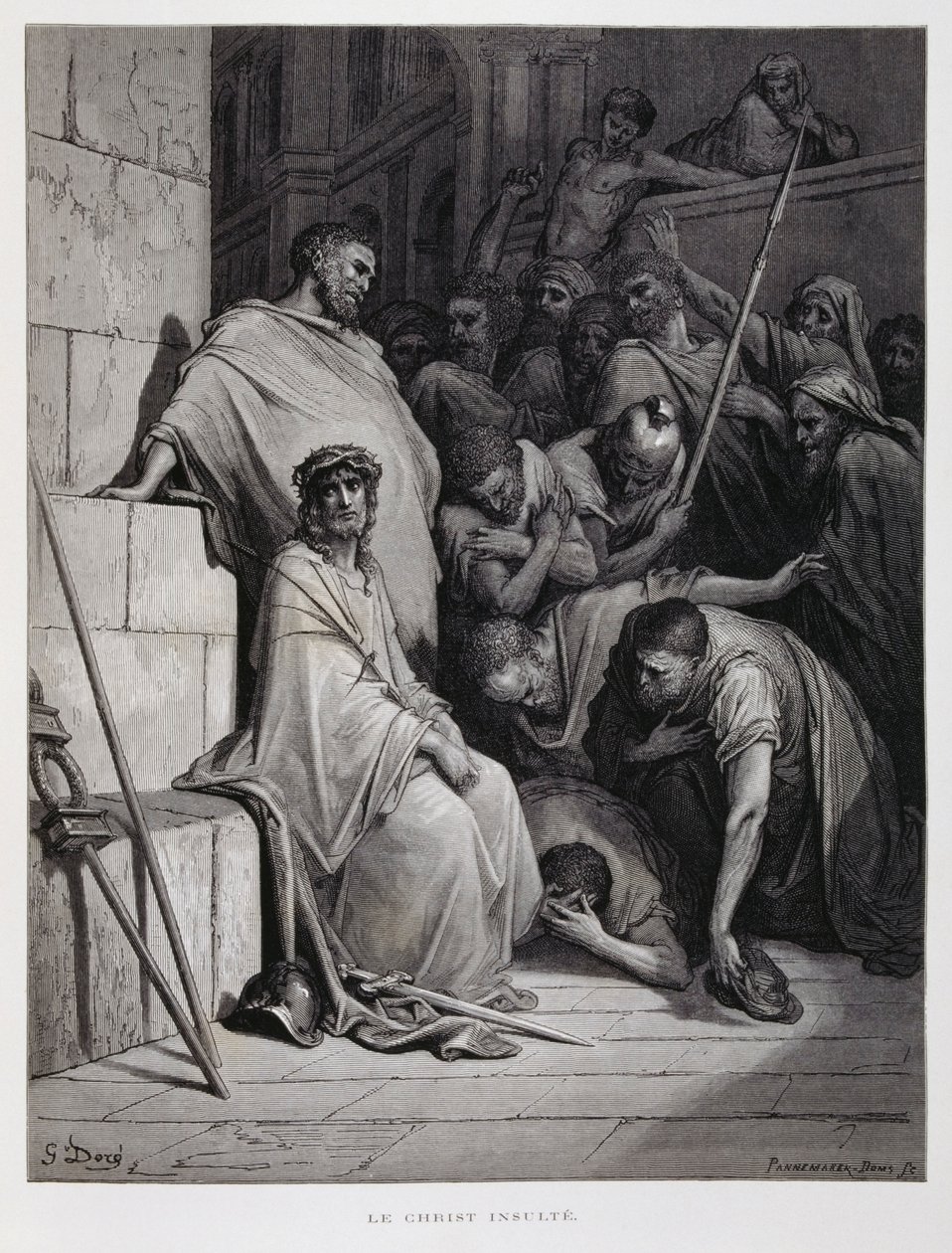 Fornærmelser mod Kristus under hans retssag, illustration fra Dore-bibelen af Gustave Dore