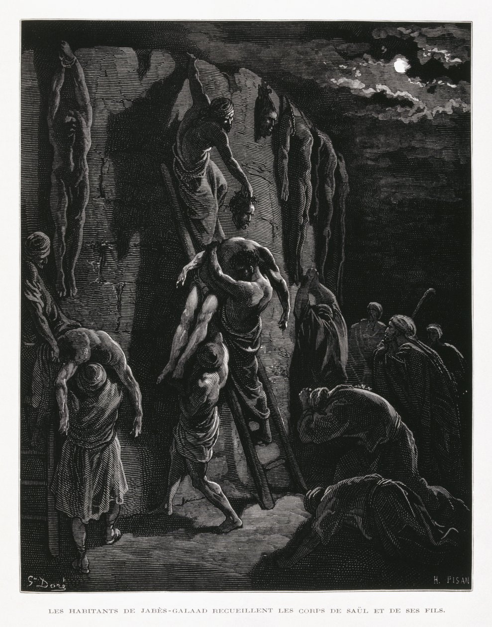 Jabesh-Gileaditterne finder ligene af Saul og hans sønner, illustration fra Dore-bibelen af Gustave Dore