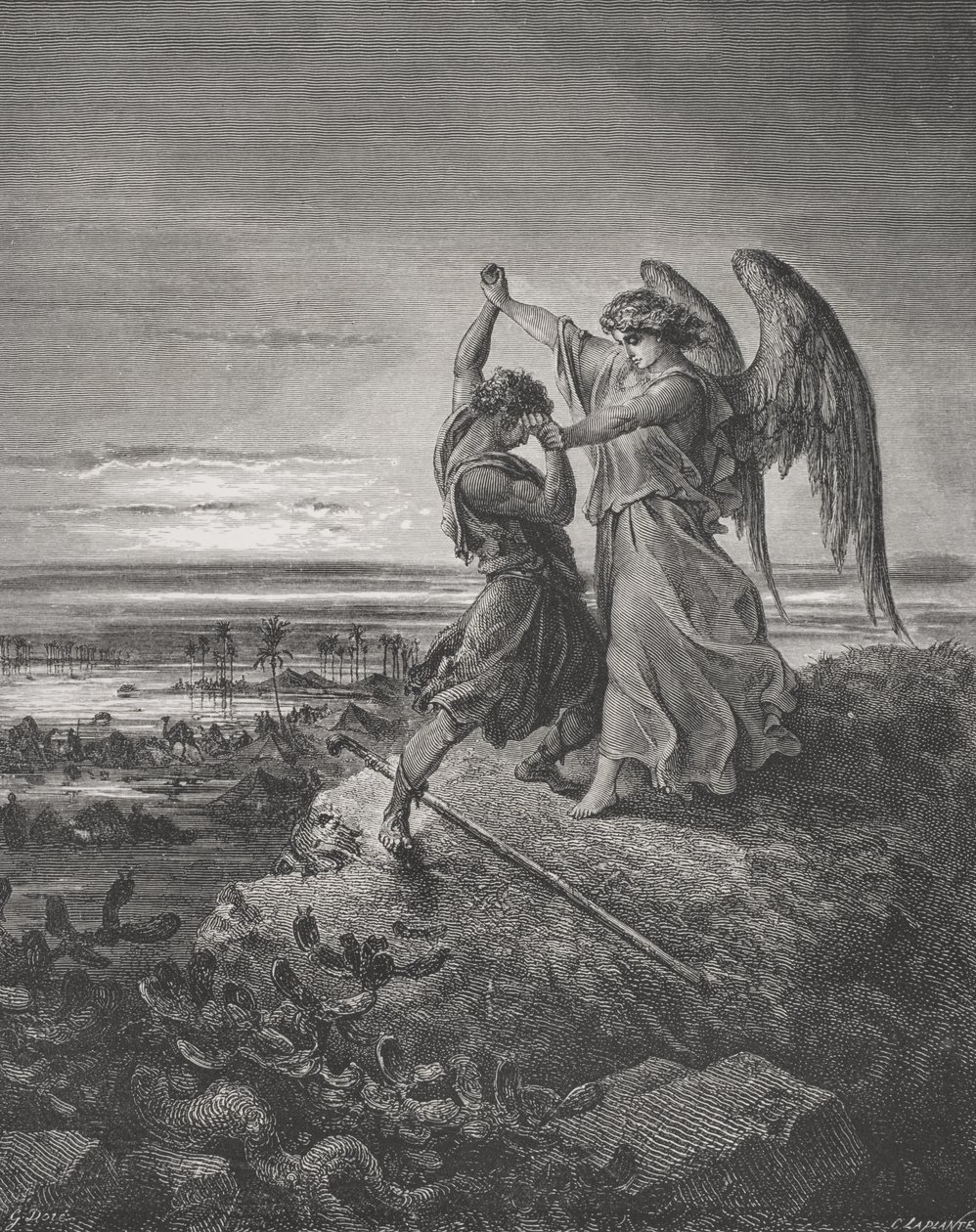 Jacob Wrestling with the Angel, 1. Mosebog 32:24-32, illustration fra Dores 