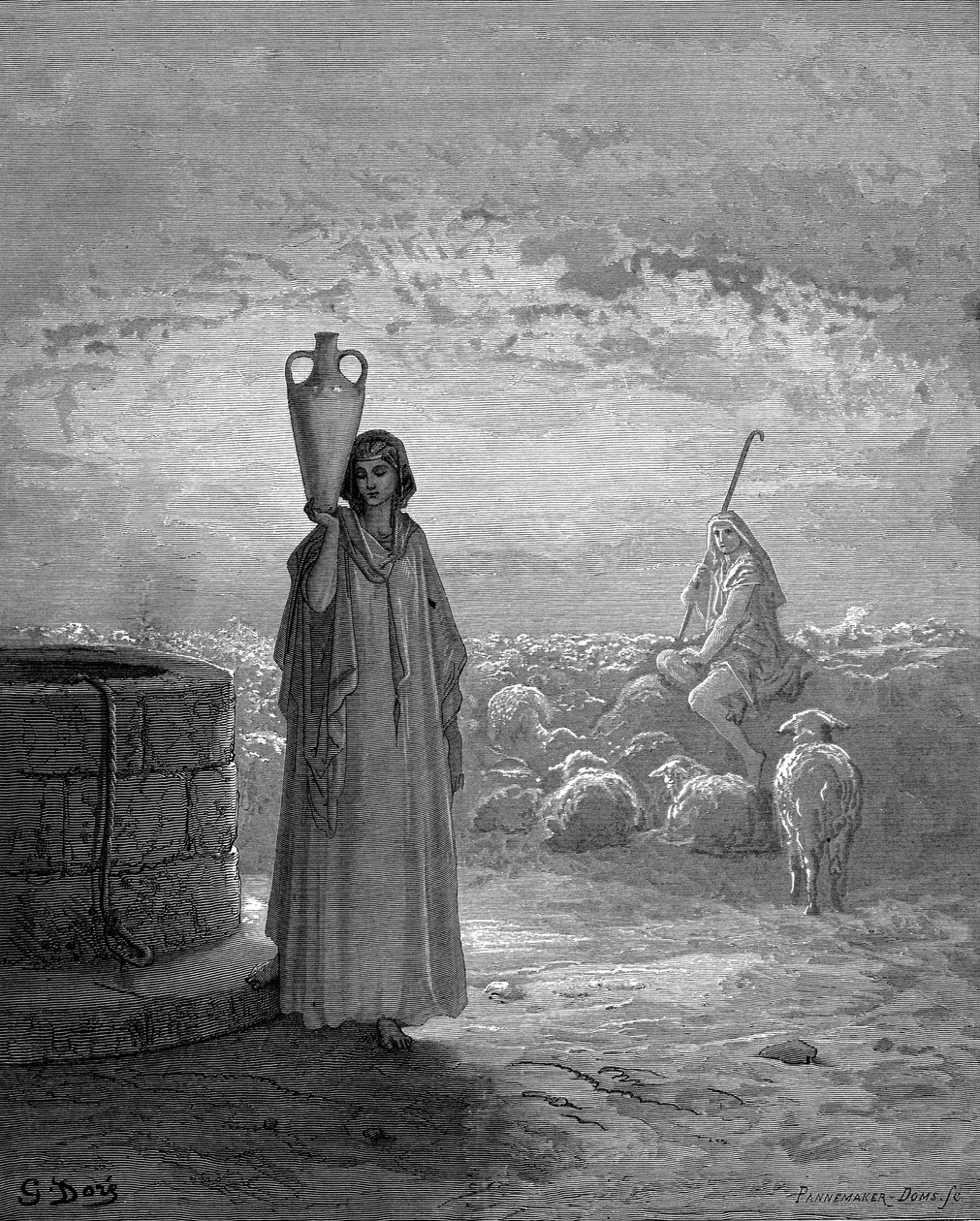 Jakob, der holder Labans hjorde, ser Rakel ved brønden. Første Mosebog 29. Fra Gustave Dores illustrerede bibel 1866. Træstik af Gustave Dore