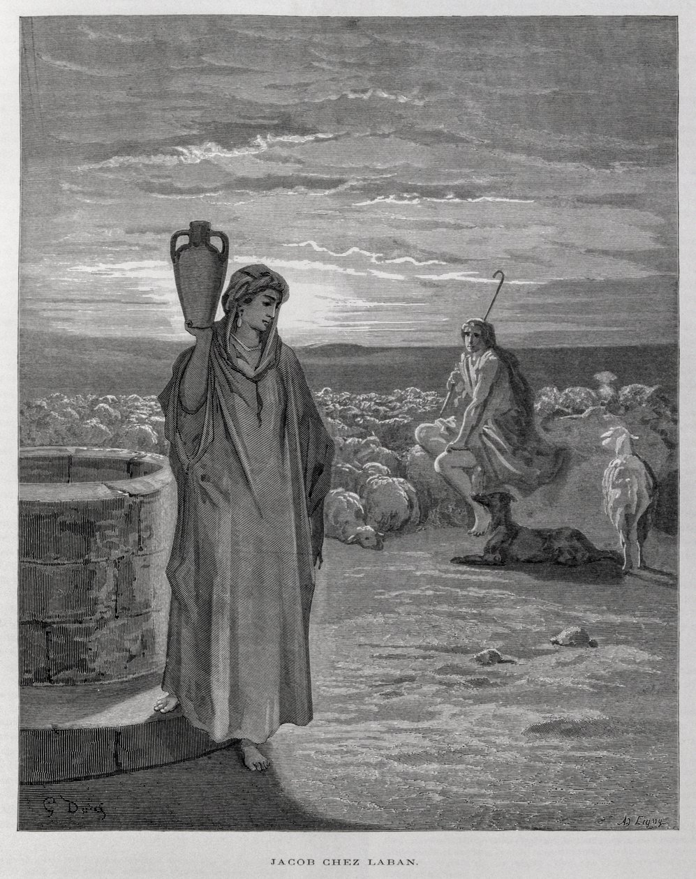 Jakob ser Rakel ved brønden i Labans hjem, Illustration fra Dore Bible af Gustave Dore