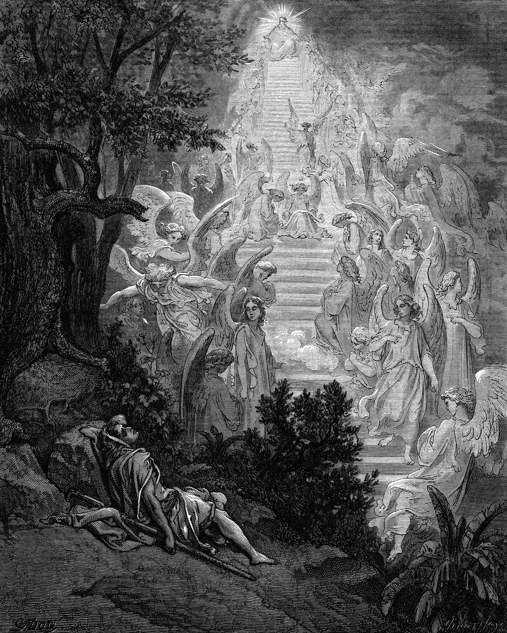 Jacobs drøm om en trappe, der fører til himlen med Gud på toppen, 1865-1866 af Gustave Dore