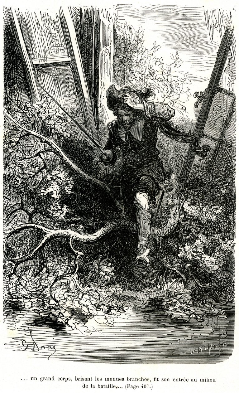 Jacquemin Lampourde, med pistolen i hånden, kom til et punkt i kampen. Kobberstik af Gustave Dore, der illustrerer Theophile Gautiers pikareskroman om kappe og kårde "Le capitaine Fracasse", edition Charpentier 1863. af Gustave Dore