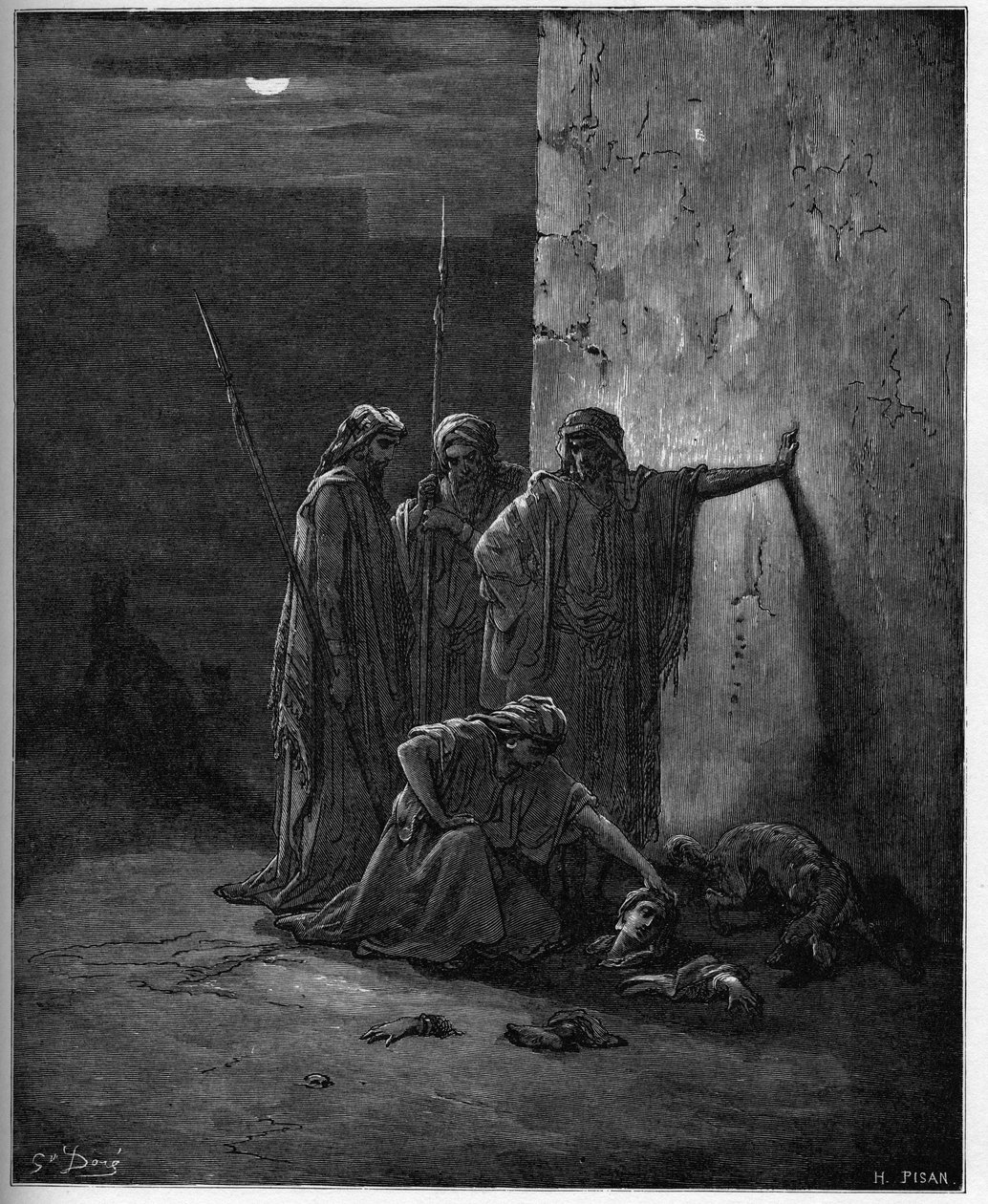 Jehus kammerater finder resterne af Jezebel”” - træstik til Bibelen af Gustave Dore - Jehus kammerater finder Jezabels hoved og yderpunkter - indgravering i "The Bible illustree" af Gustave Dore (1832-1883) - Gravering fra "" The Dore Bible ”” af Gustave Dore