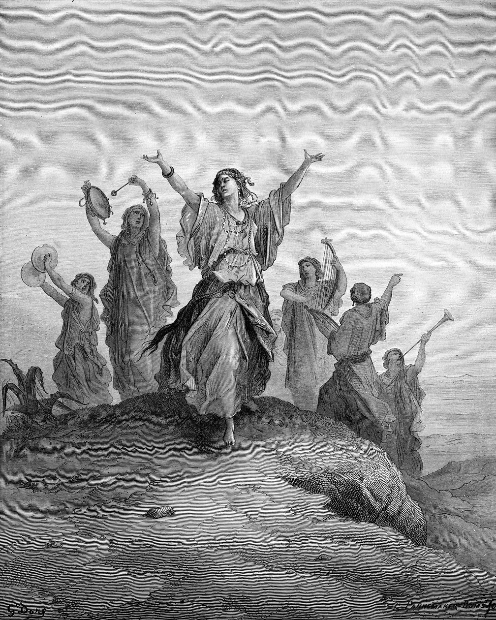 Jeftas datter Iphis danser mod ham - Bibelen af Gustave Dore