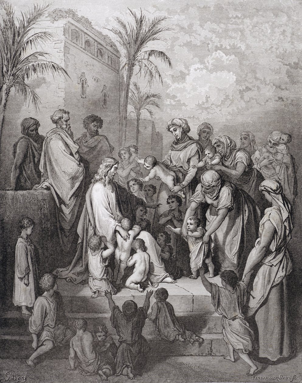 Jesus velsigner børnene, indgraveret af Stephane Pannemaker (1847-1930) ca. 1868 af Gustave Dore