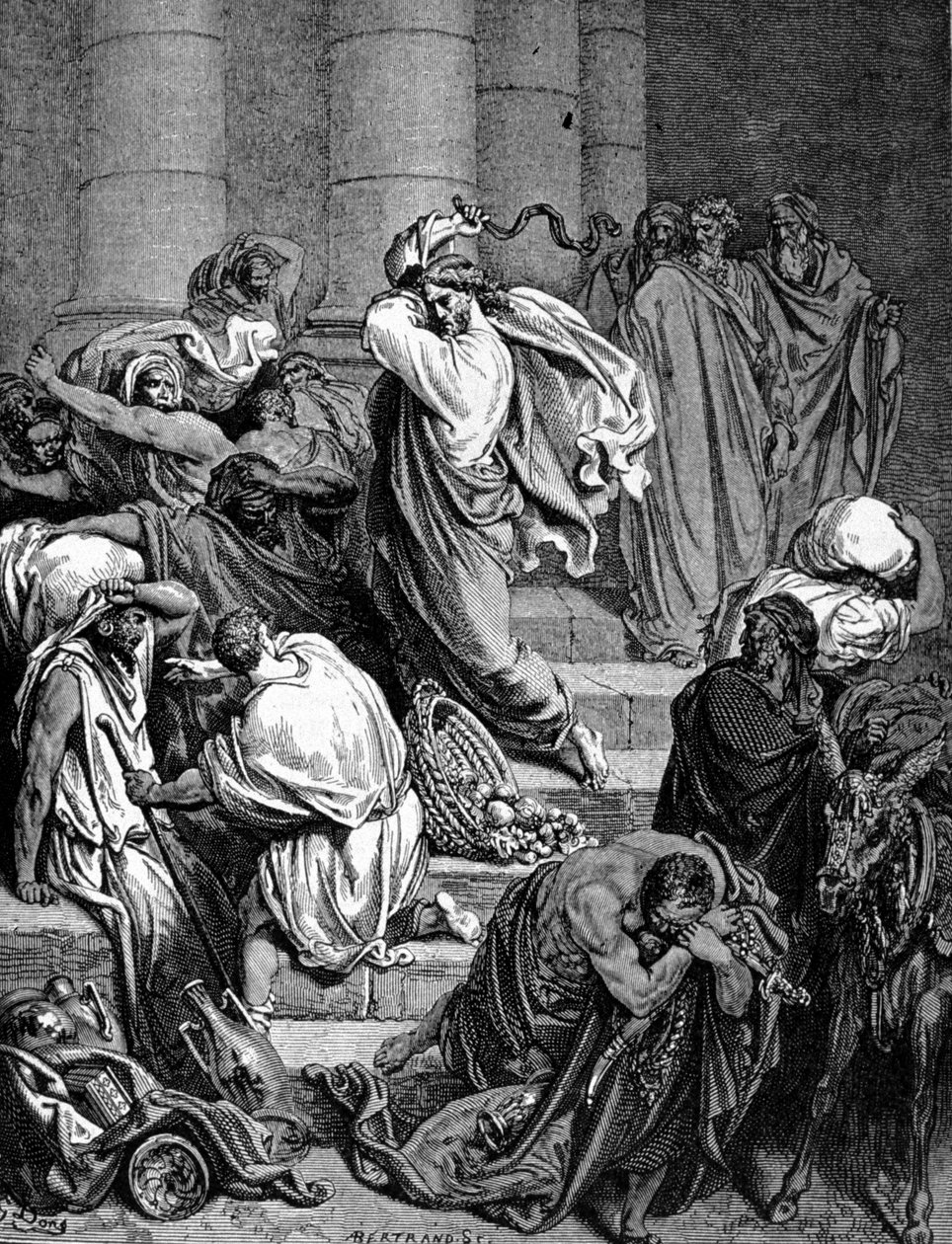 Jesus Kristus jagter templets købmænd. Illustration af Gustave Doré. af Gustave Dore