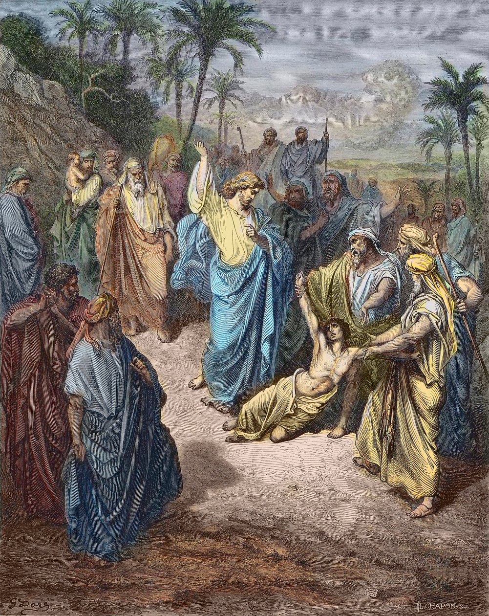 Jesus Kristus kæmper mod en ung besat af Dæmonen - Jesus helbreder den gale - Farvegravering efter Gustave Dore. af Gustave Dore