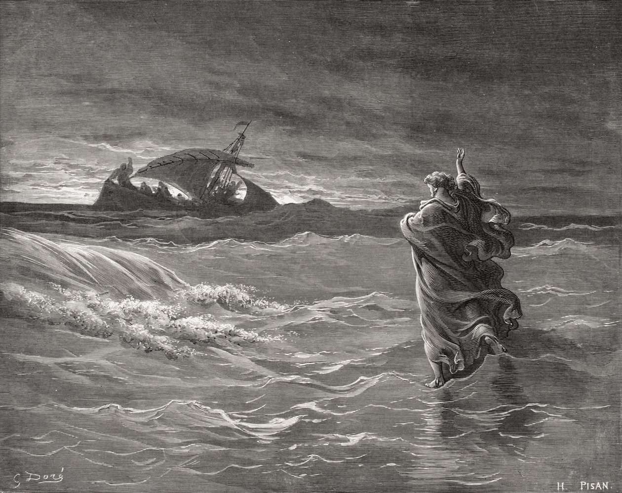 Jesus vandrer på havet, Johannes 6:19-21, illustration fra Dore