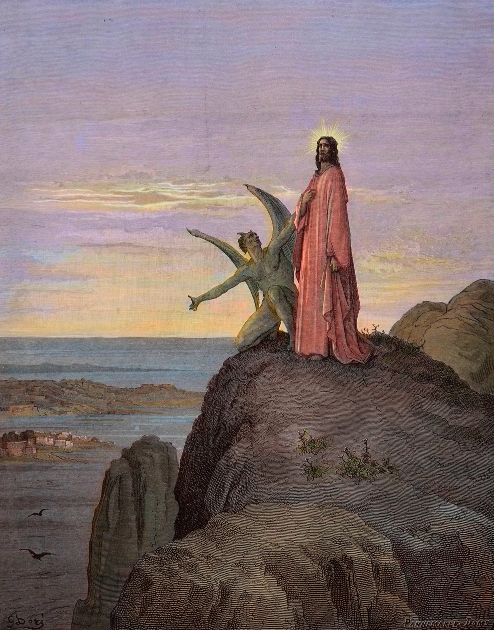 Jesus i ørkenen, udsat for djævelens fristelse - Kristi fristelse - Satan fristede Jesus - gravering af Gustave Dore - senere farvelægning af Gustave Dore