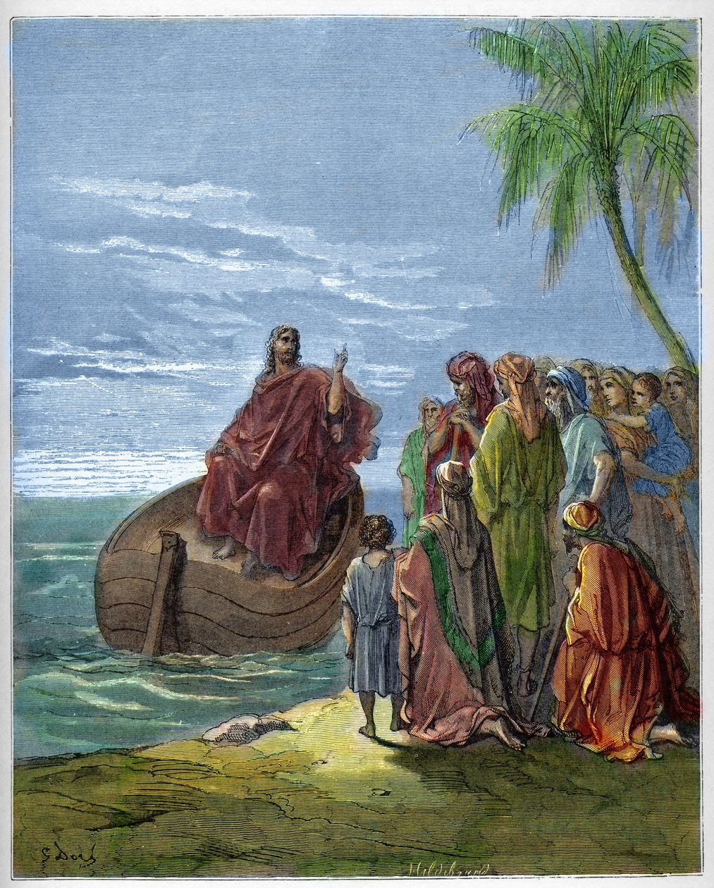 Jesus prædiker ved Genezareth-søen (Genesareth, Ginosar eller Kinneret) (Tiberiad-søen) (Galilæas Sø) - Jesus prædiker ved Genesaret Sø - - indgravering i "Bibelen illustree" af Gustave Dore (1832-1883) - Indgravering fra " "The Dore Bible"" af Gustave Dore