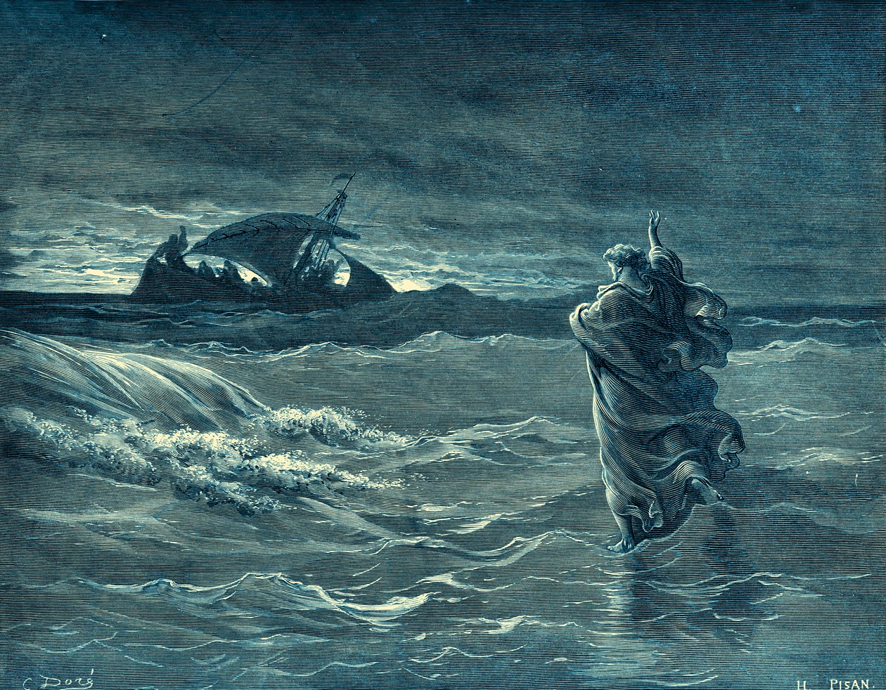 Jesus går på havet - Bibelen af Gustave Dore