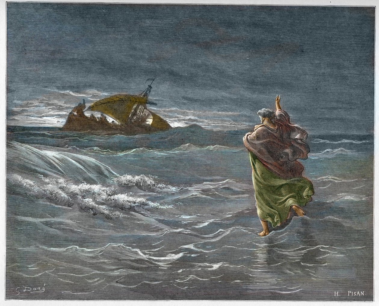 Jesus går på vandet i Tiberiade-søen - Jesus går på havet (vand) - indgravering i "" The Bible illustree"" af Gustave Dore (1832-1883) - Gravering fra "" The Dore Bible"" af Gustave Dore
