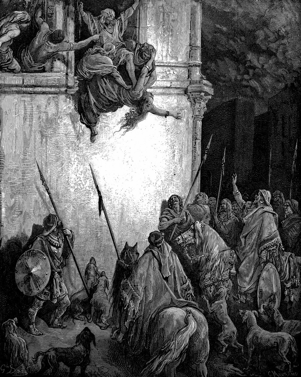 Jezebel, fønikisk prinsesse og kone til kong Akab af Israel bliver smidt ud af vinduet på Jehus ordre, og hendes lig bliver spist af hunde. Anden Kongebog 9,33. Fra Gustave Dore illustreret Bibel 1866 Træstik af Gustave Dore