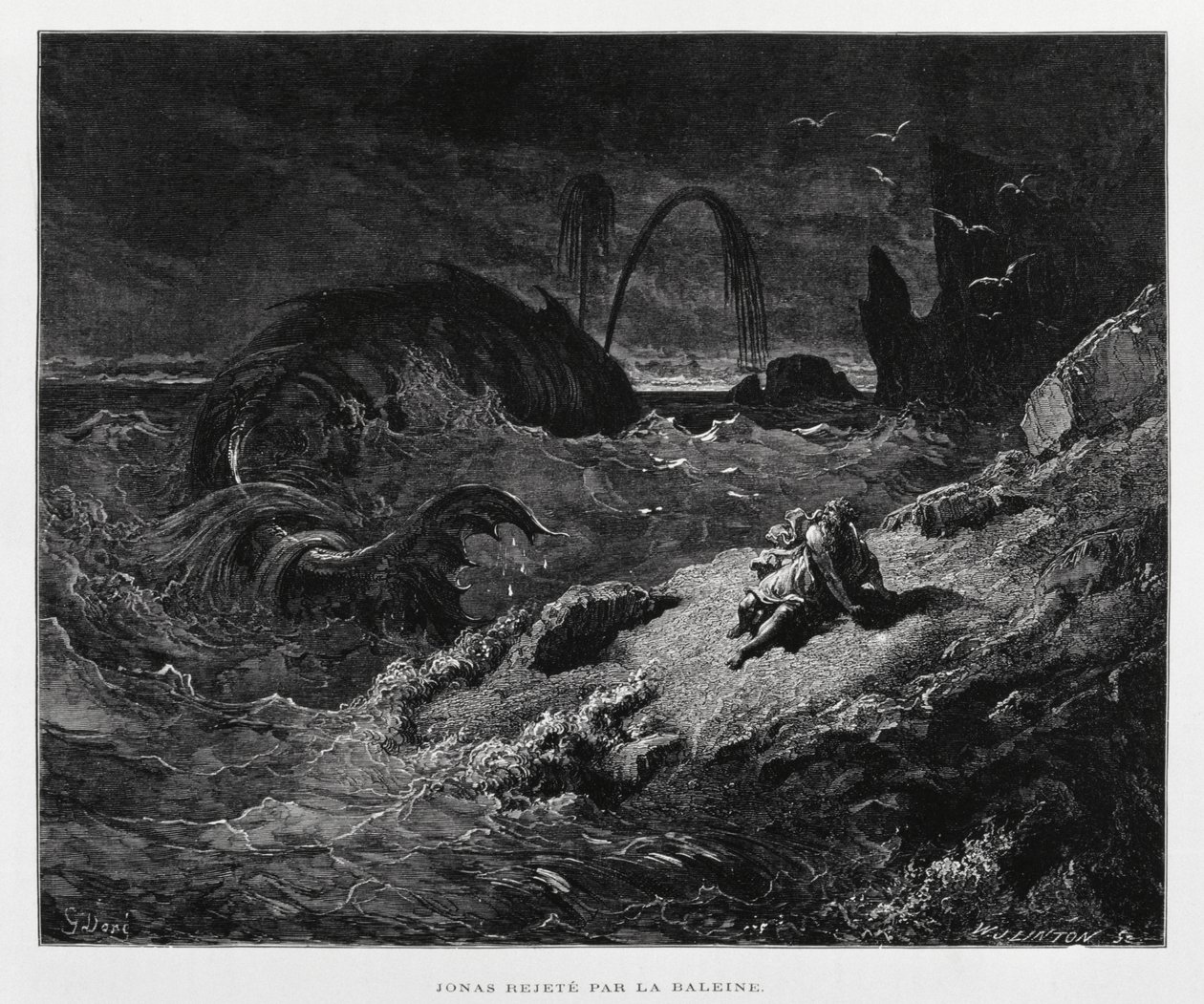 Jonas kastet op på land af hvalen, Illustration fra Dore Bible af Gustave Dore