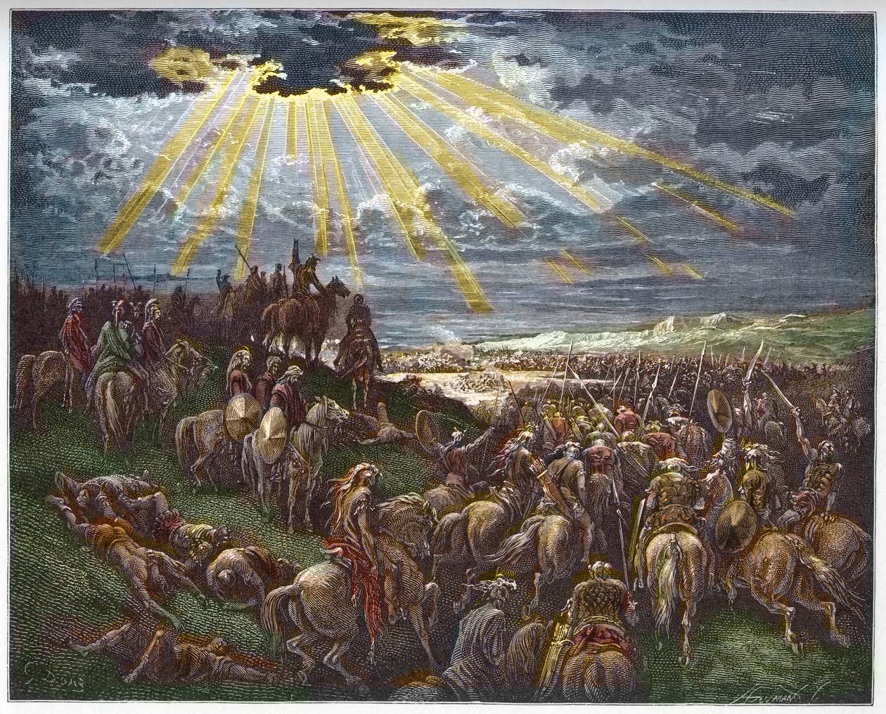 Joshua Commanding the Sun to Stand Still - Josue arrete le soleil - indgravering i "The Bible illustree" af Gustave Dore (1832-1883) - Indgravering fra "" The Dore Bible"" af Gustave Dore