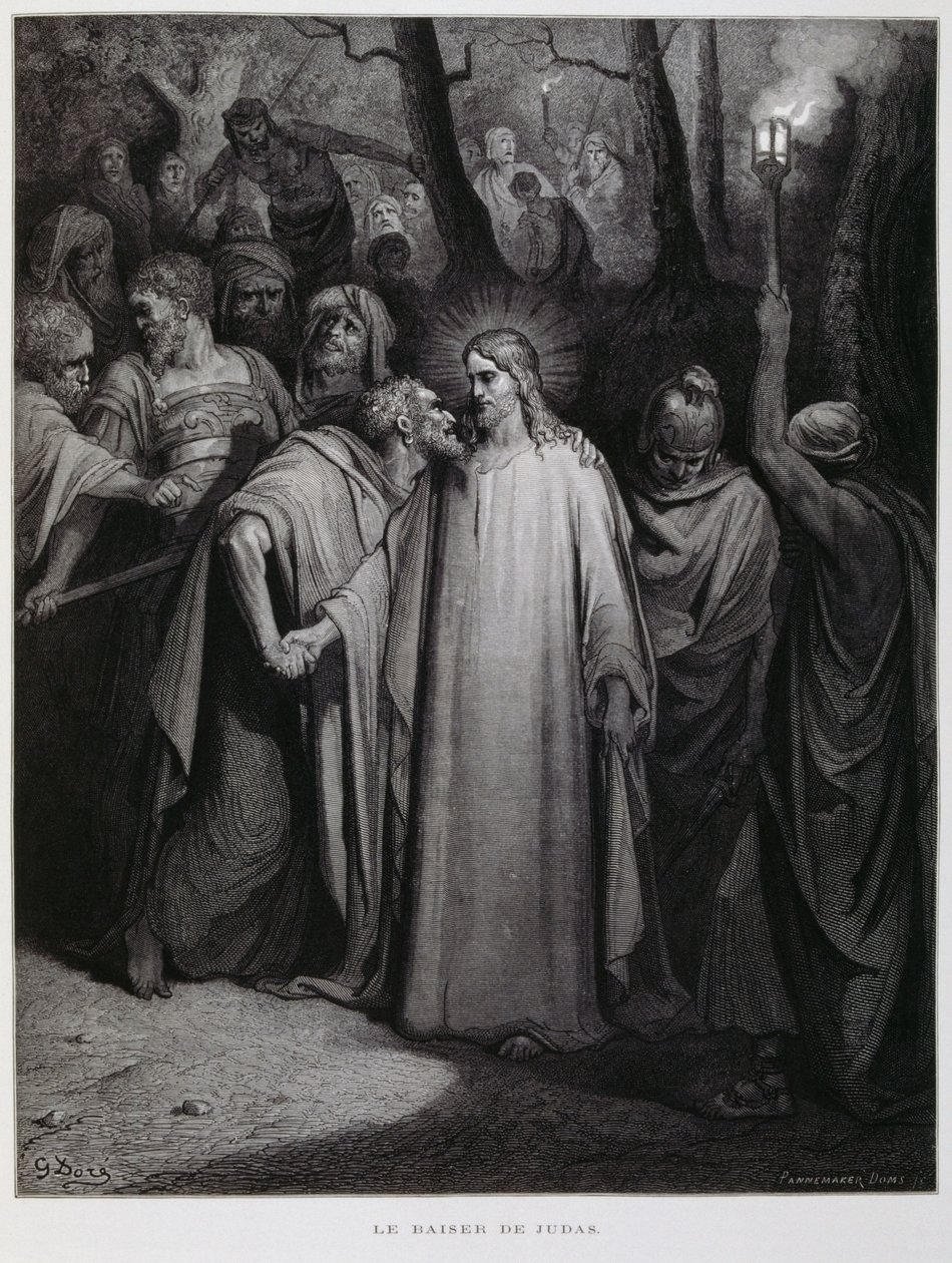 Judas forråder Jesus med et kys; Illustration fra Dore-bibelen af Gustave Dore