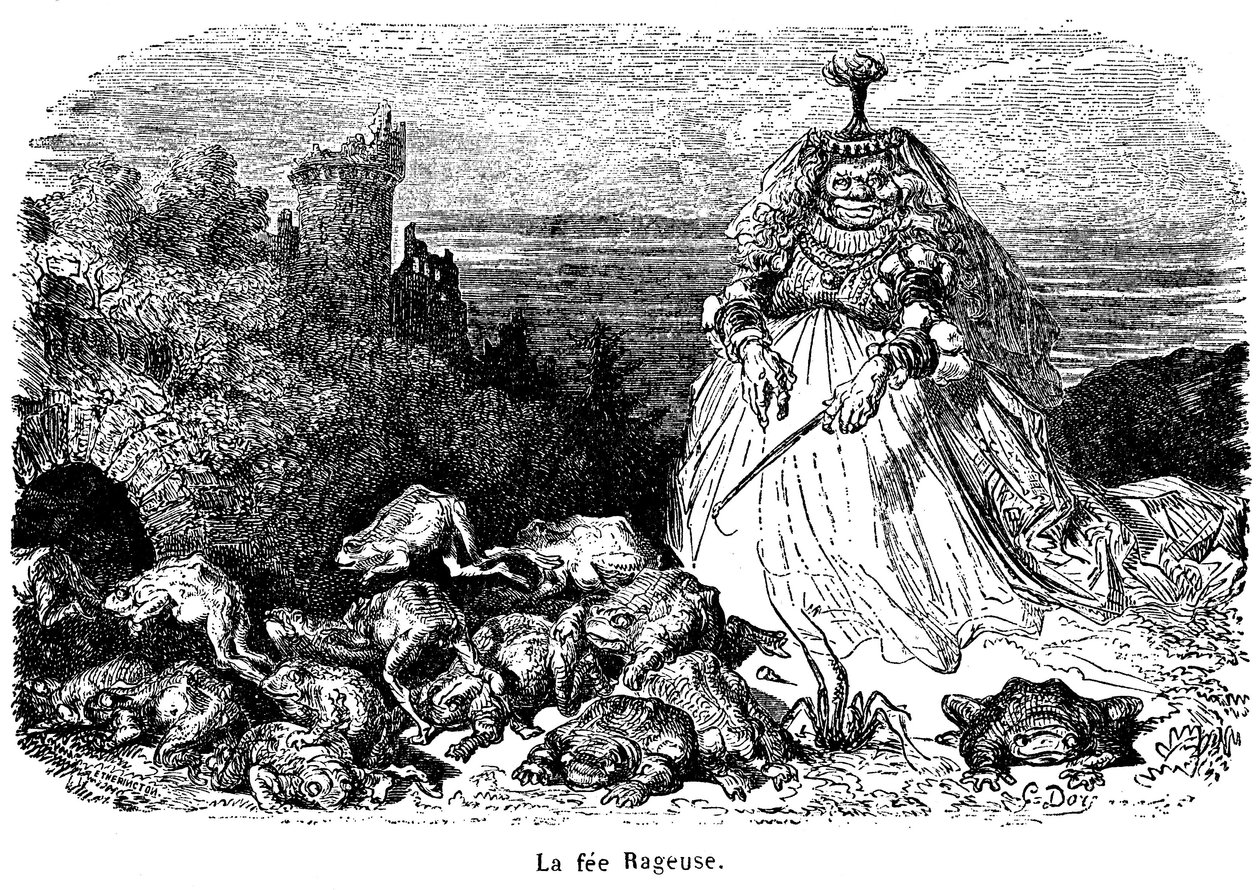 La fee Rageuse og hans flok tudser: kobberstik af Gustave Dore til illustration af fortællingen Plys, af grevinden af Segur, fra New Tales of Fees, Hachette 1896 -. af Gustave Dore