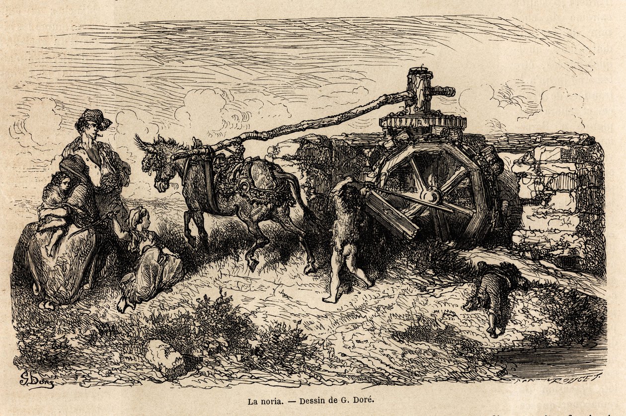 La noria, en hydraulisk maskine til at hæve vandstanden ved at bruge energien produceret af strømmen, tegning af Gustave Dore (1832-1883), for at illustrere hans tur til Spanien, med C. Davillier, i 1862. Indgravering i "" Le tour du monde "", redigeret af af Gustave Dore