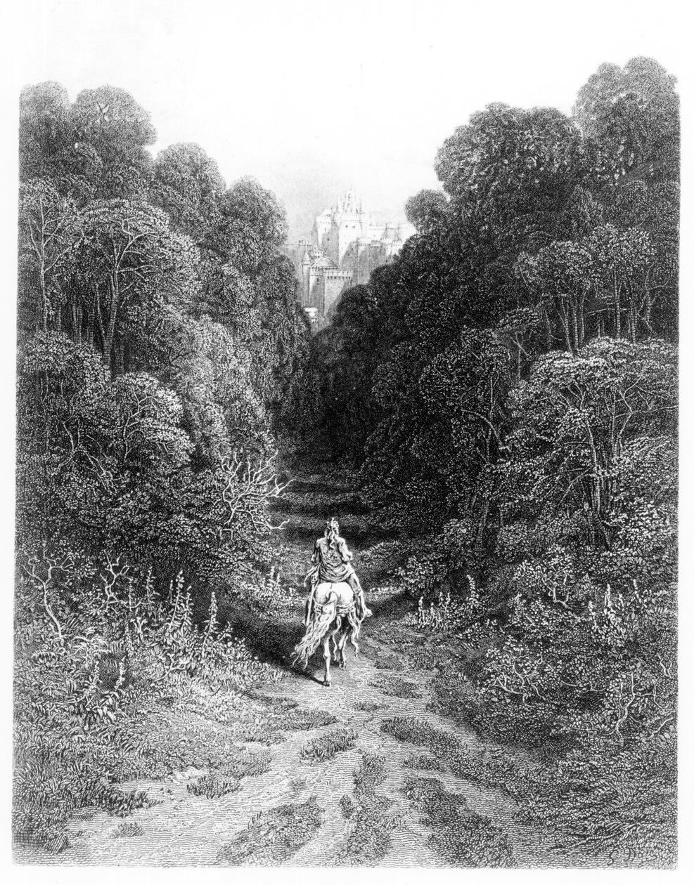 Lancelot nærmer sig slottet ved Astolat, illustration fra 