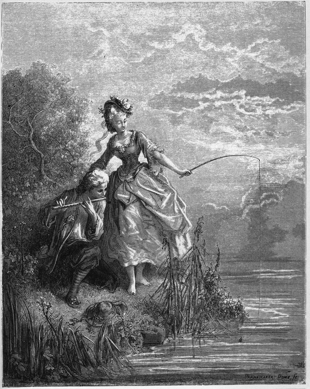 Fiskene og hyrden der spiller på fløjte - Fiskene og hyrden der spiller på fløjte - fra "Fables" af Jean de La Fontaine af Gustave Dore