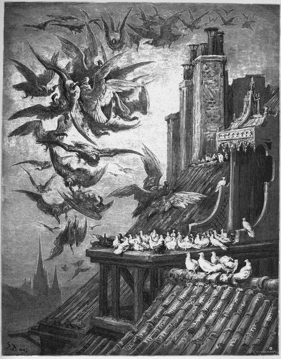 Gribbene og duerne - fra "Fables" af Jean de La Fontaine af Gustave Dore