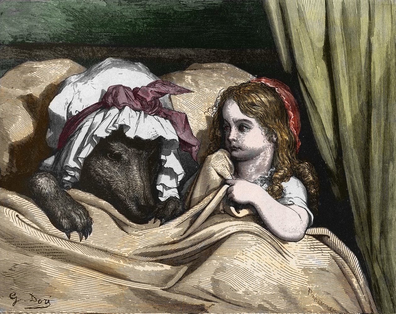 Rødhætte og ulv kan ikke lide som bedstemor. Illustration af Gustave Dore af Gustave Dore