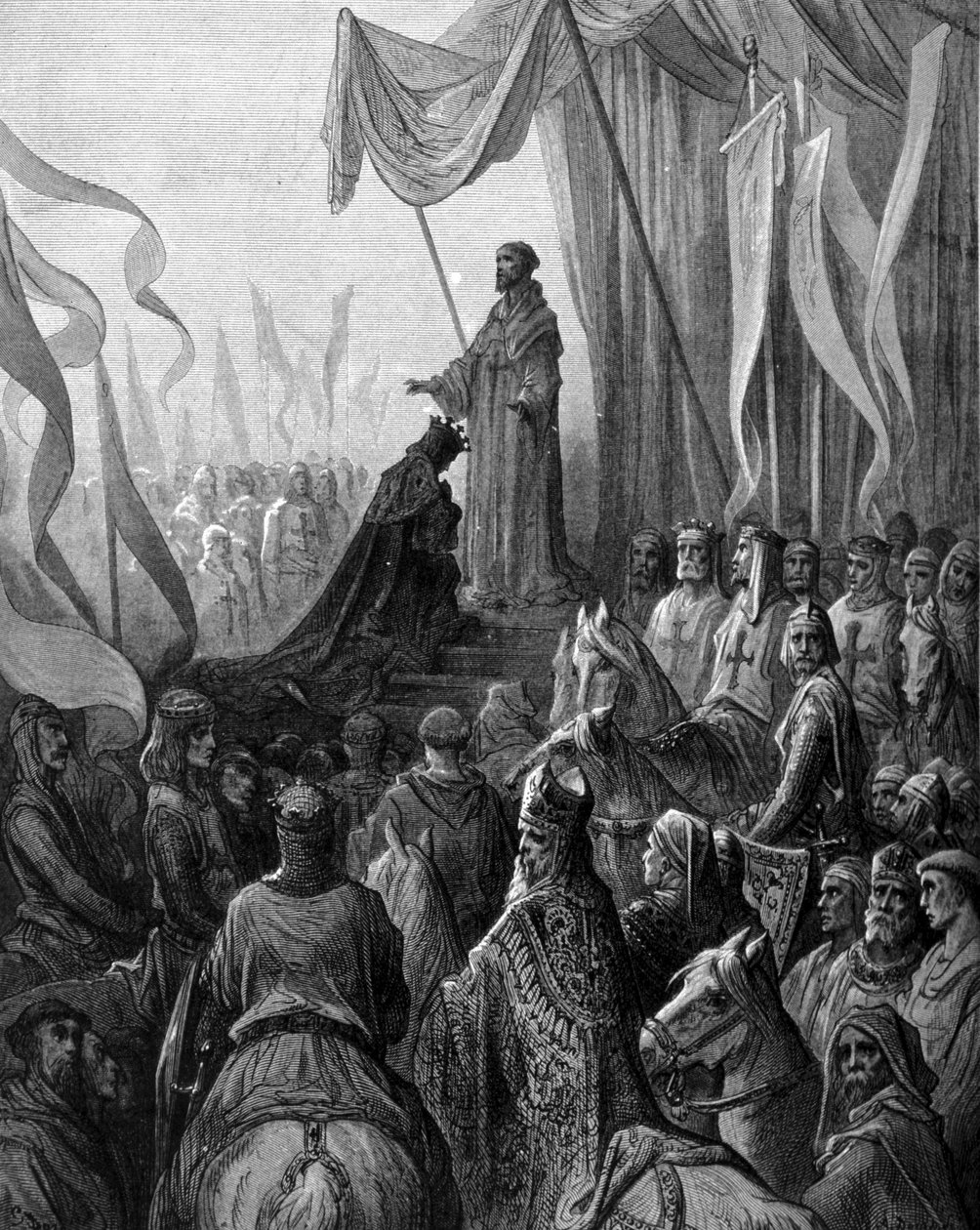 Louis VII (1120 - 1180) knælende foran Sankt Bernard af Clairvaux (San Bernardo di Chiaravalle) i Vezelay. Gravering af Gustave Doré. 19. århundrede af Gustave Dore
