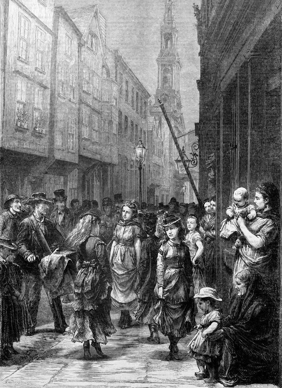Piger med lavt liv, der danser for handel, Drury Lane, City of Westminster, London, c1852-c1883 af Gustave Dore