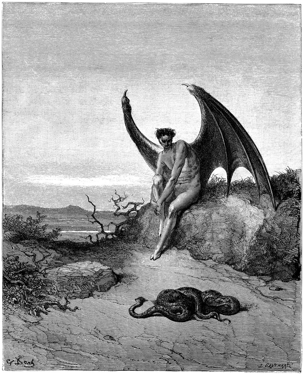 Lucifer (Satan, dechu-engel, faldt fra himlen på jorden) møder slangen. Illustration af Gustave Dore til "Paradise Lost" af John Milton (1608-1674). Gravering fra 1866. Privat samling af Gustave Dore