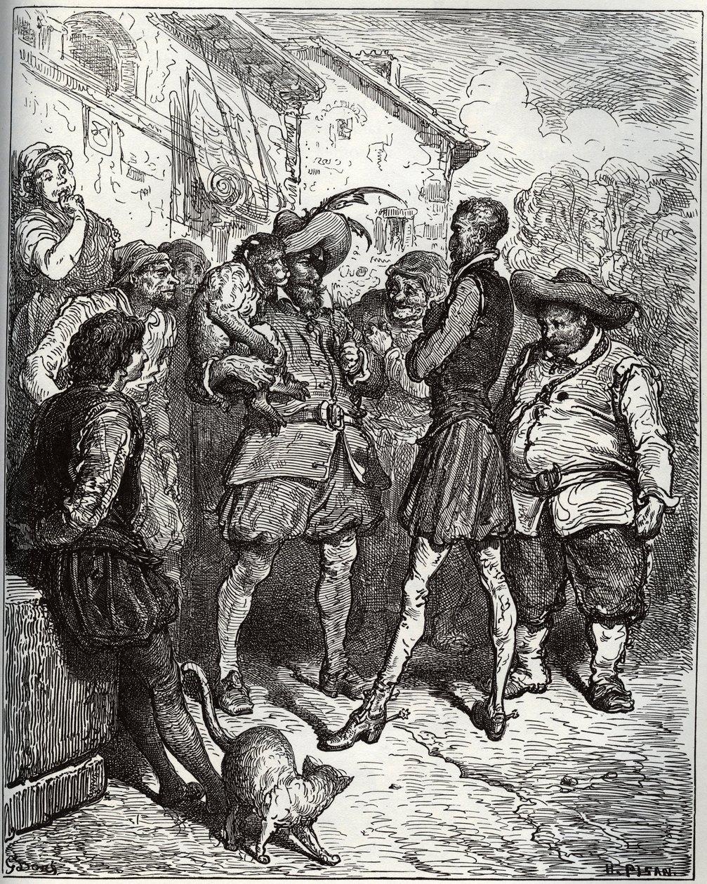 Maese Pedro og spåmandsaben - fra "Don Quixote de la Mancha" af Miguel Cervantes (1547-1616) (Don Quixote) - Træsnit efter tegning af Gustave Dore af Gustave Dore